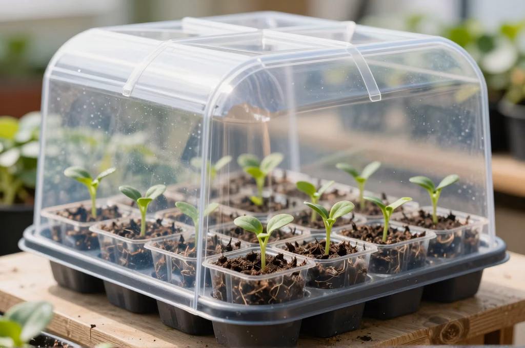 Plateau de boutures dans mini-serre avec terreau frais et jeunes pousses