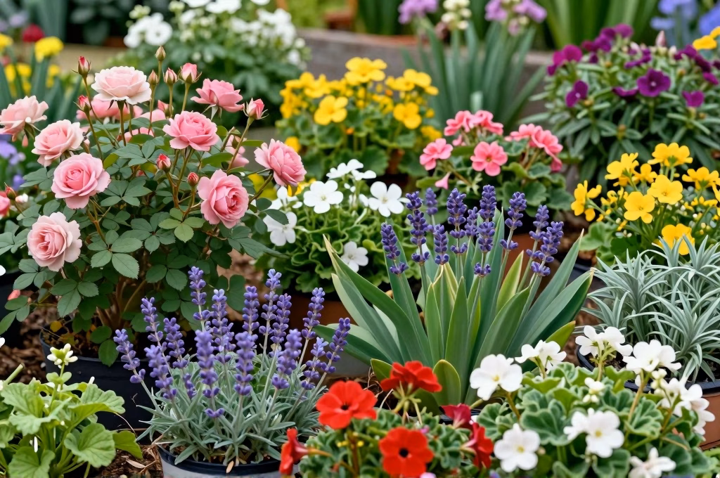 Jardin printanier avec plantes à bouturer : rosiers, lavande, géraniums