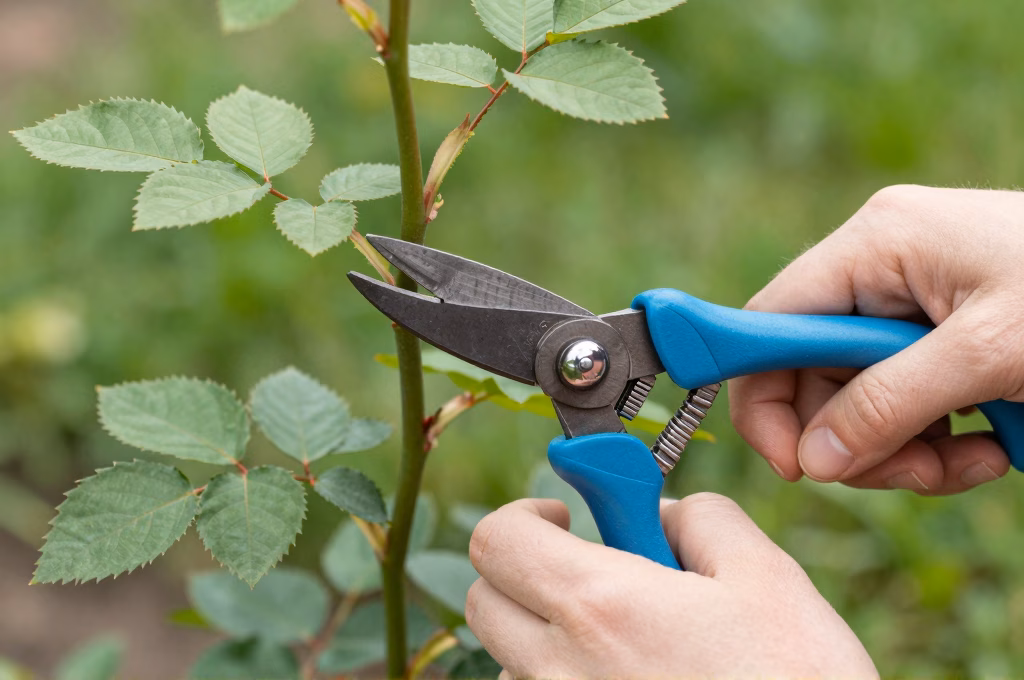 Mains prélevant une bouture de rosier avec sécateur propre au printemps
