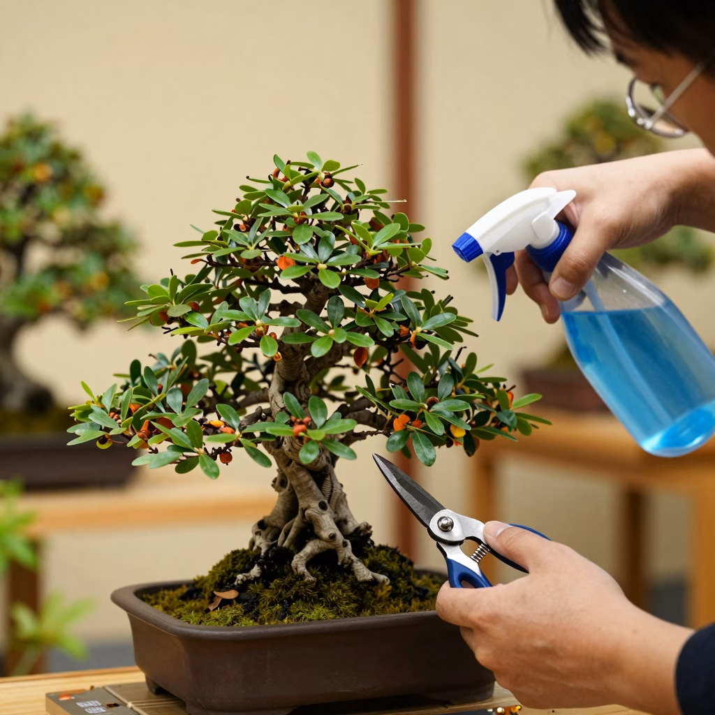 Arrosage et taille d'entretien d'un bonsaï ficus en pot