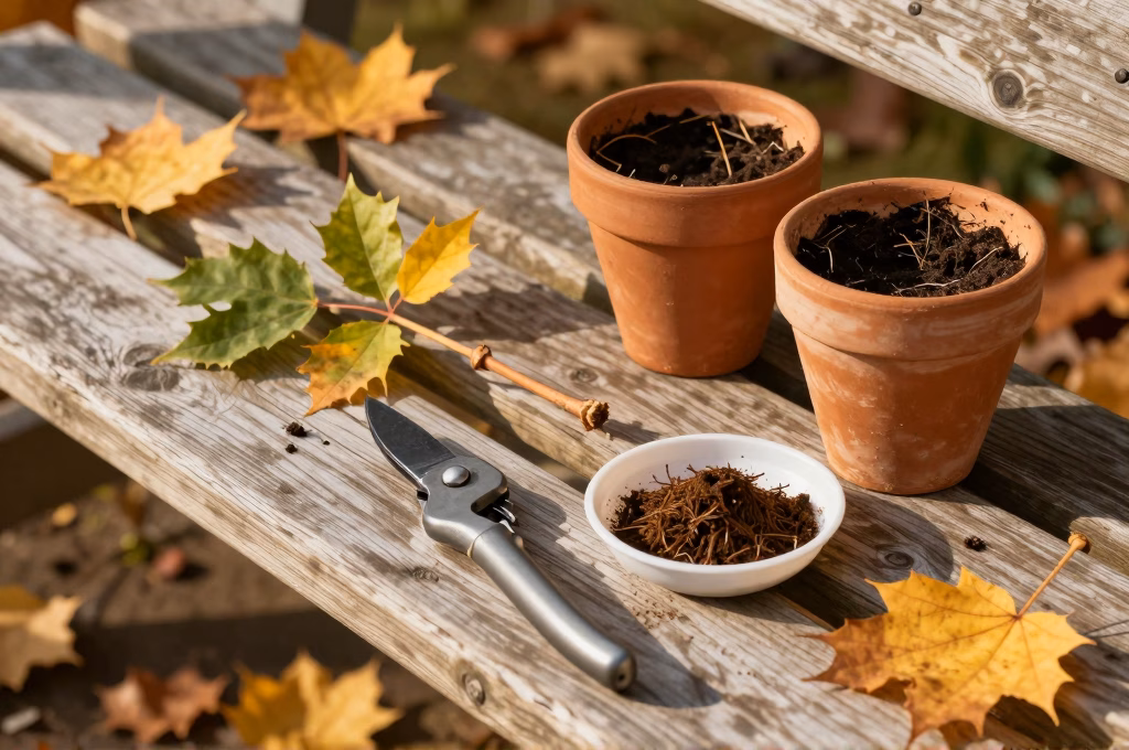 Étapes du bouturage automnal avec sécateur, hormone de bouturage et substrat drainant