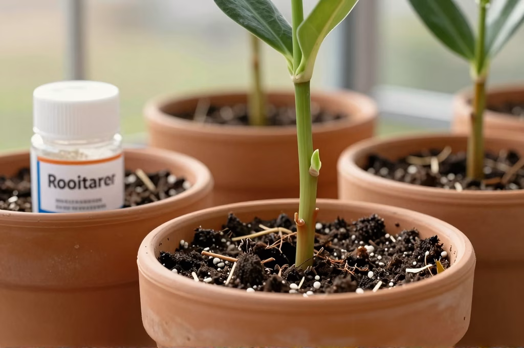 Boutures d'arbustes plantees dans des pots en terre cuite avec substrat perlite et tourbe