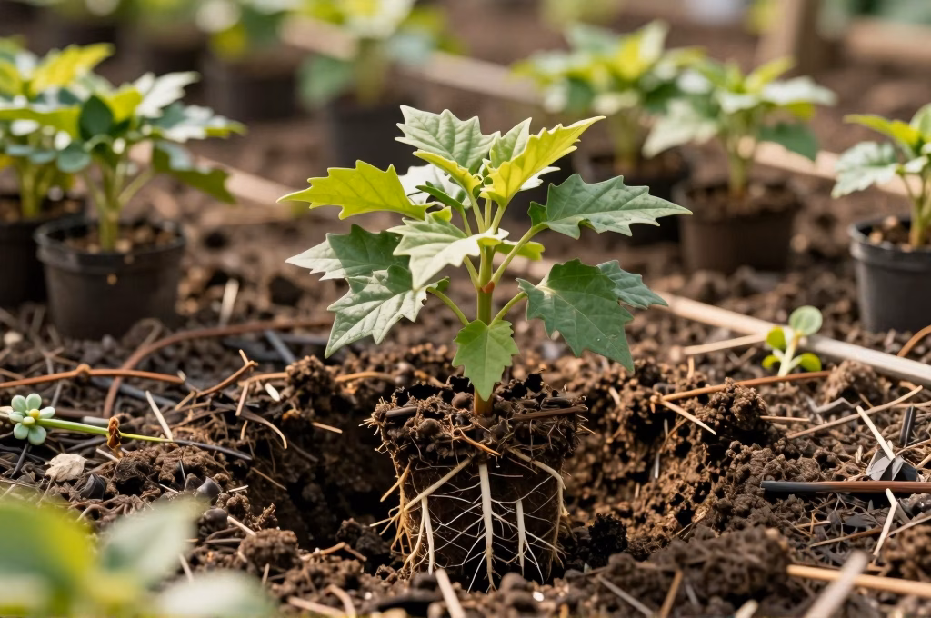 Jeunes plants d'arbustes issus de boutures transplantes en pleine terre au jardin