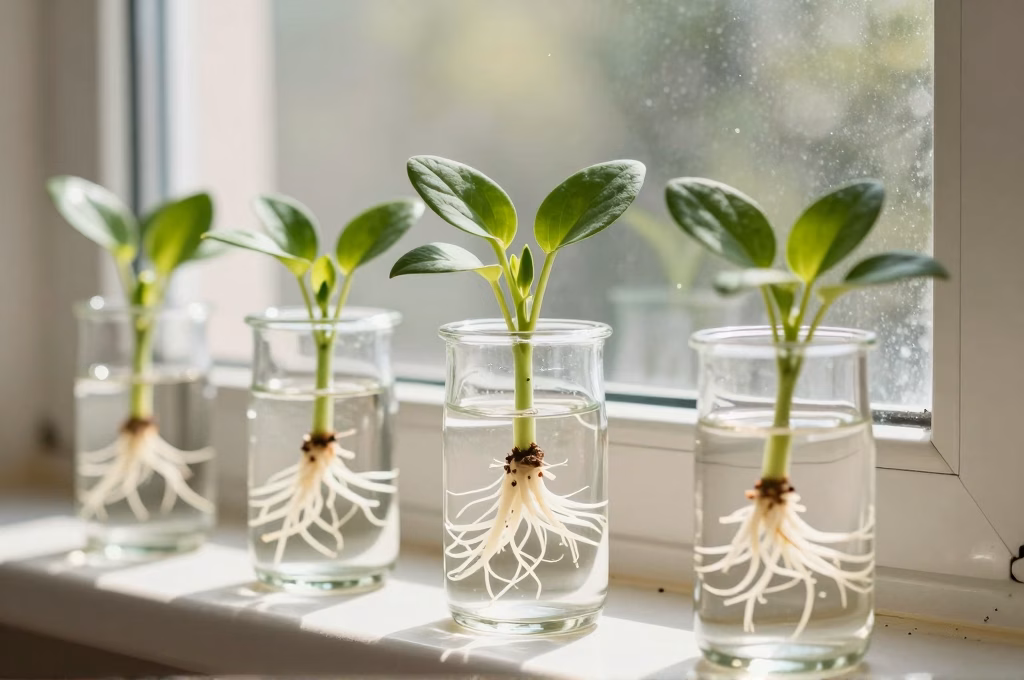 Boutures de plantes developpant des racines dans des verres d'eau sur un rebord de fenetre ensoleille