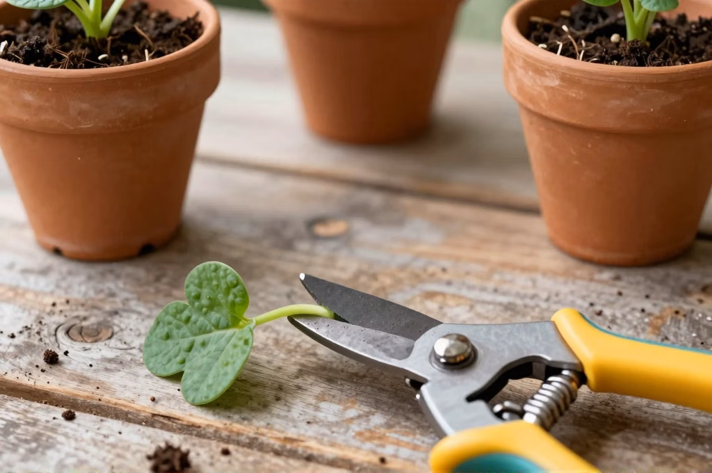 Secateur coupant une tige de plante sur une table de jardinage avec pots en terre cuite et terreau