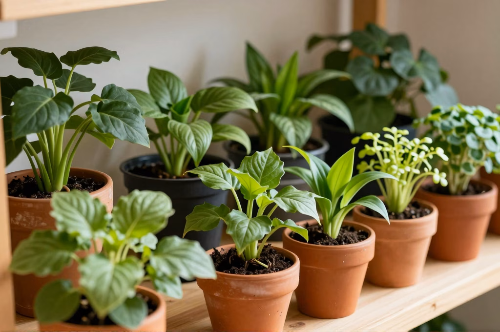 Collection de jeunes plantes issues de boutures dans des petits pots en terre cuite sur une etagere lumineuse
