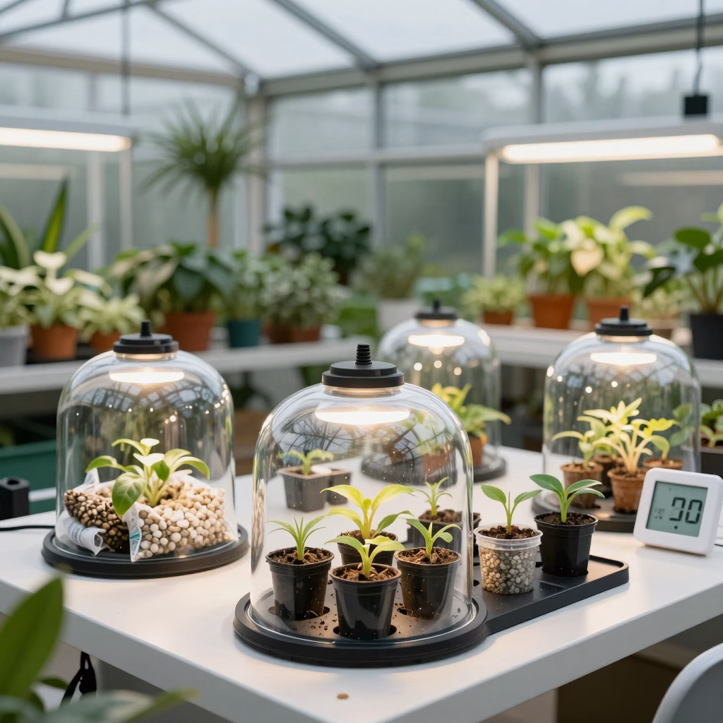 Matériel de bouturage disposé sur une table : sécateur, hormone, pots, terreau et mini-serre