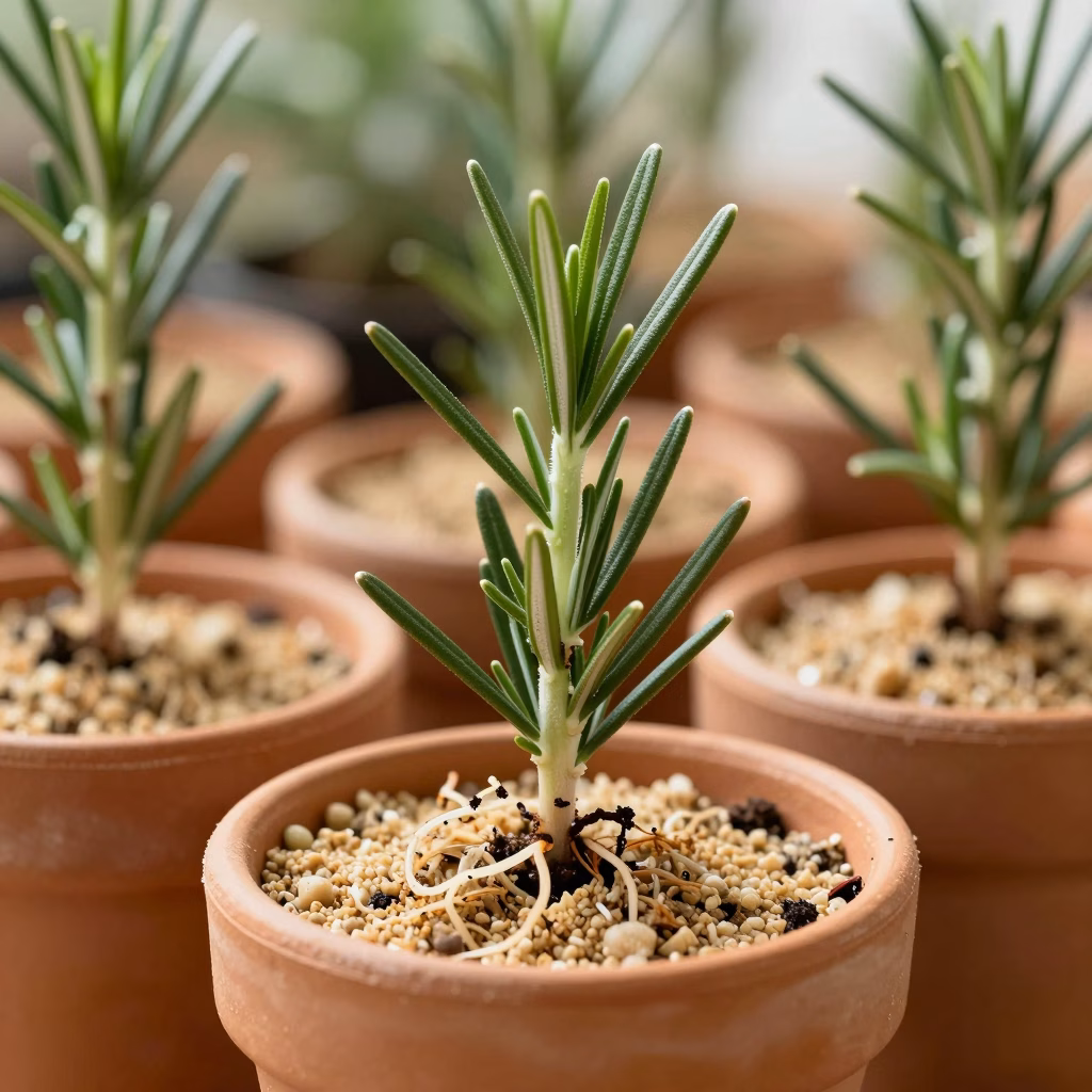 Boutures de romarin et lavande en cours d enracinement dans un substrat drainant en pot terre cuite