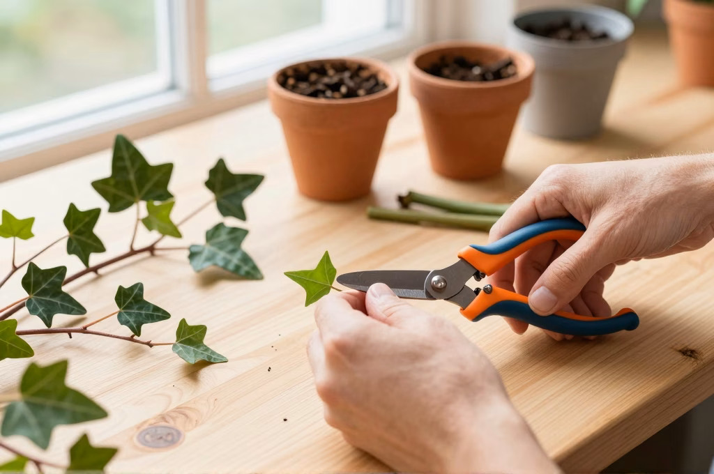 Préparation de boutures de plantes grimpantes avec sécateur propre et hormone de bouturage