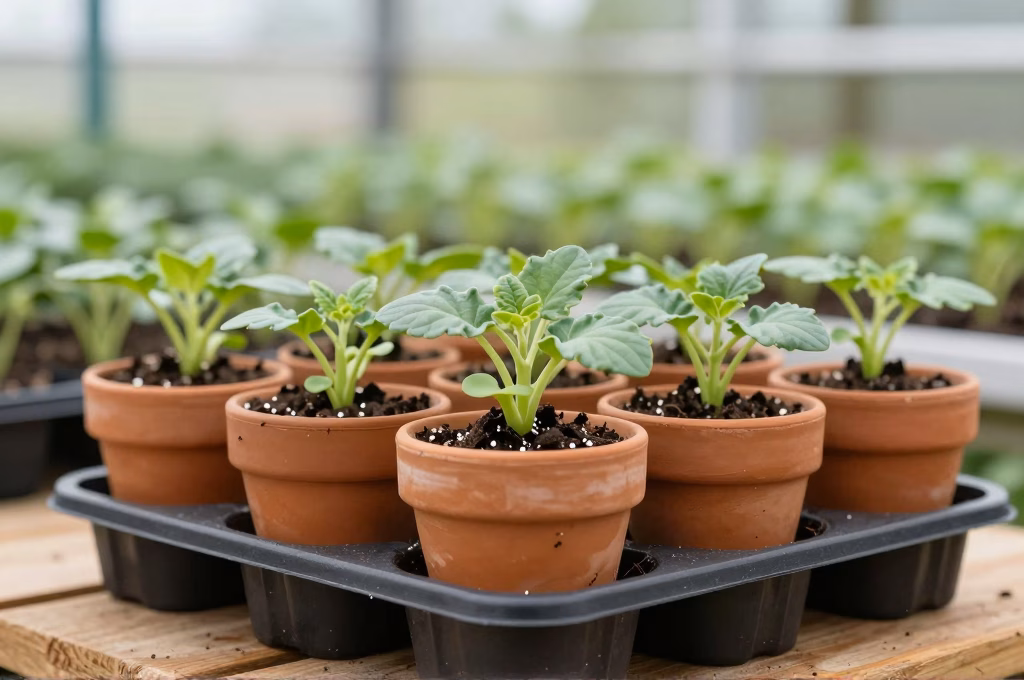 Boutures de vivaces herbacees en cours d'enracinement dans des godets de substrat