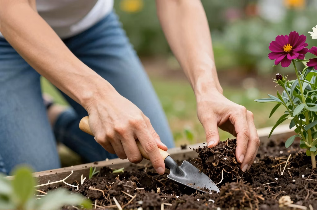 Jardinière divisant une touffe de plante vivace avec une bêche pour multiplier les plants
