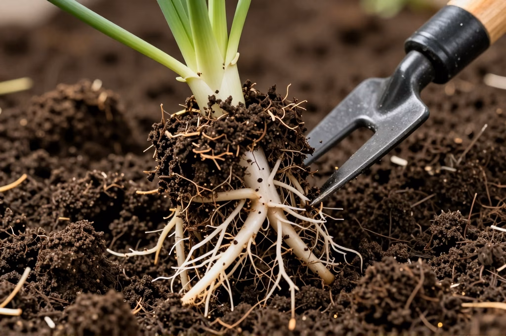 Division de touffe de plante vivace montrant les racines et la motte de terre