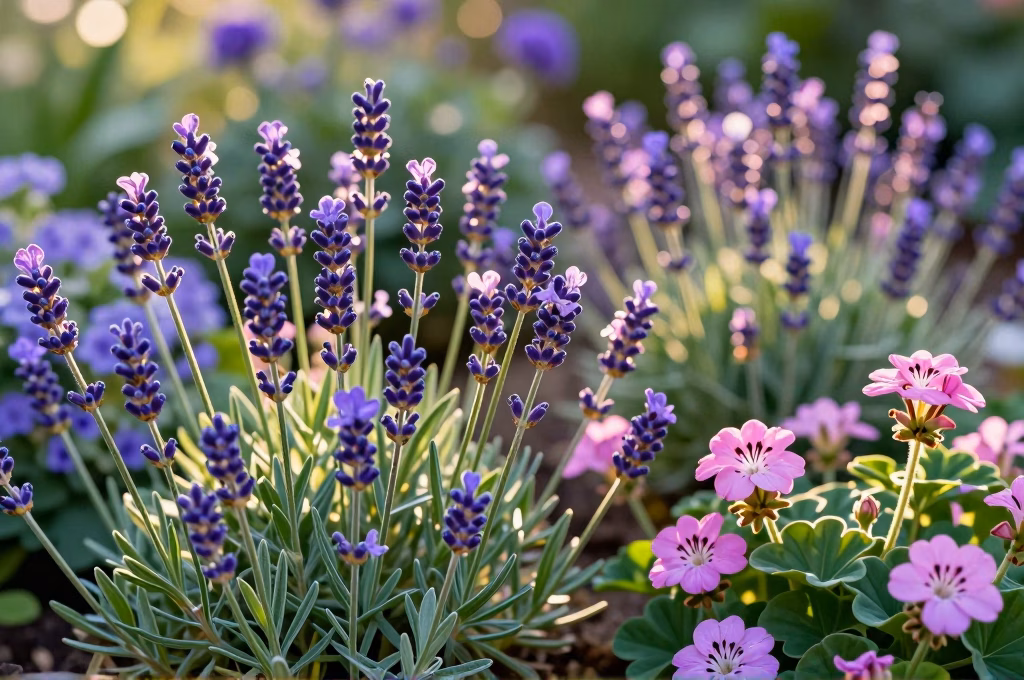Massif de plantes vivaces en fleurs avec lavandes, sauges et geraniums au jardin