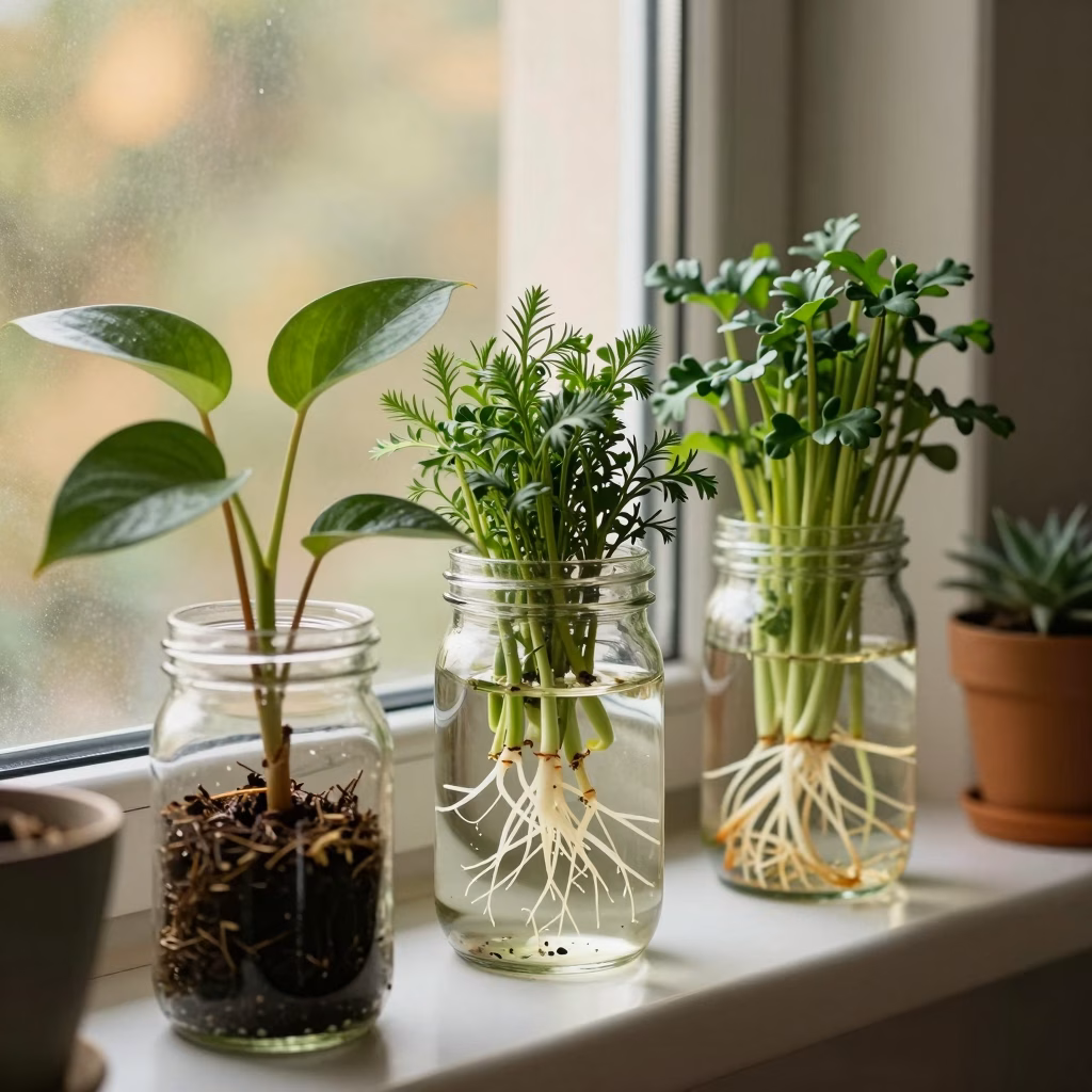Boutures de pothos et herbes aromatiques dans des bocaux sur rebord de fenêtre ensoleillé