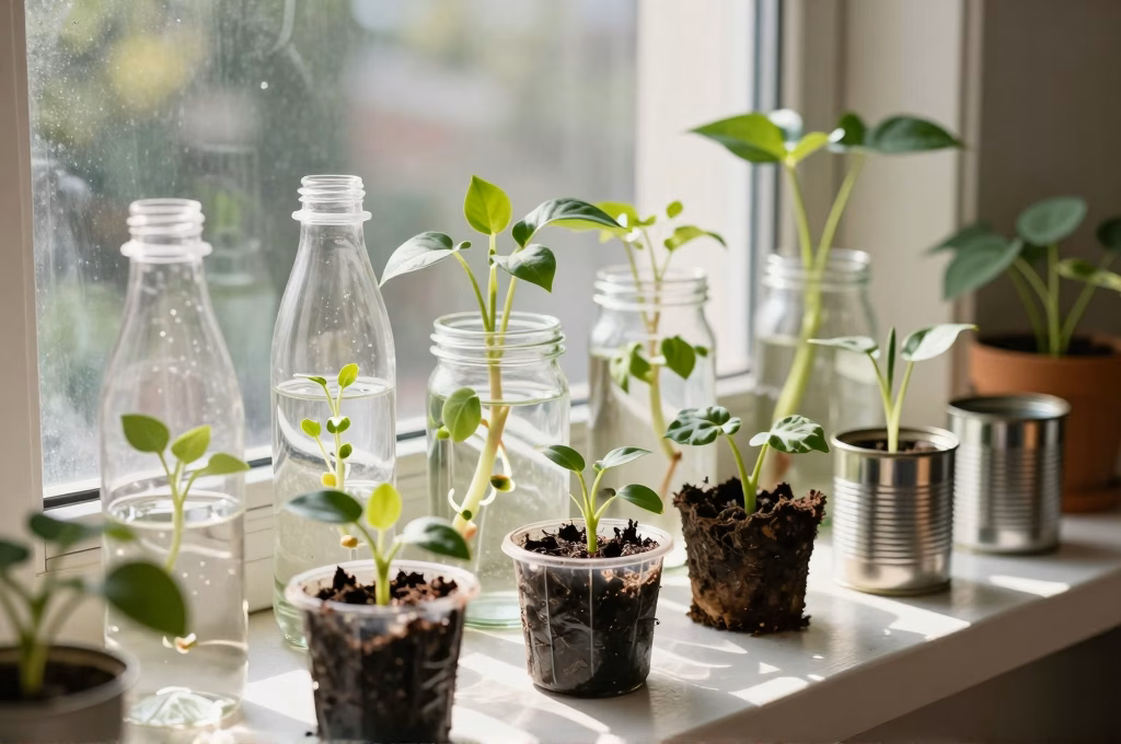 Boutures dans des contenants recycles sur un rebord de fenetre ensoleille avec mini-serres bouteilles
