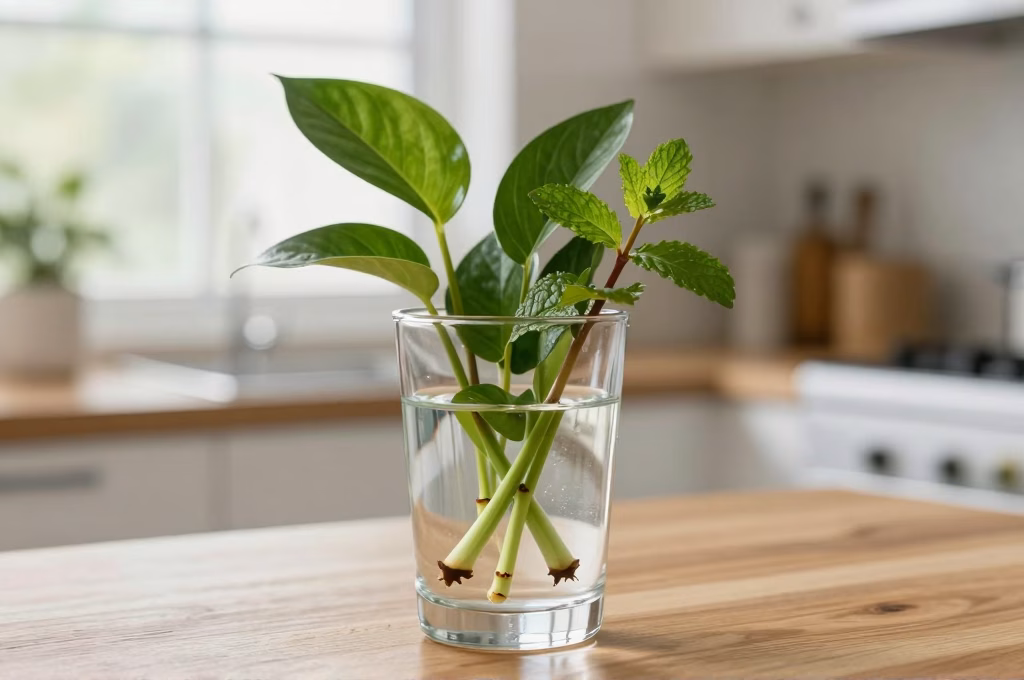 Boutures de plantes vertes placees dans un verre d'eau sur plan de travail en bois