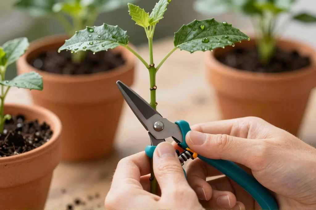Gros plan sur des mains réalisant une bouture de plante avec sécateur professionnel