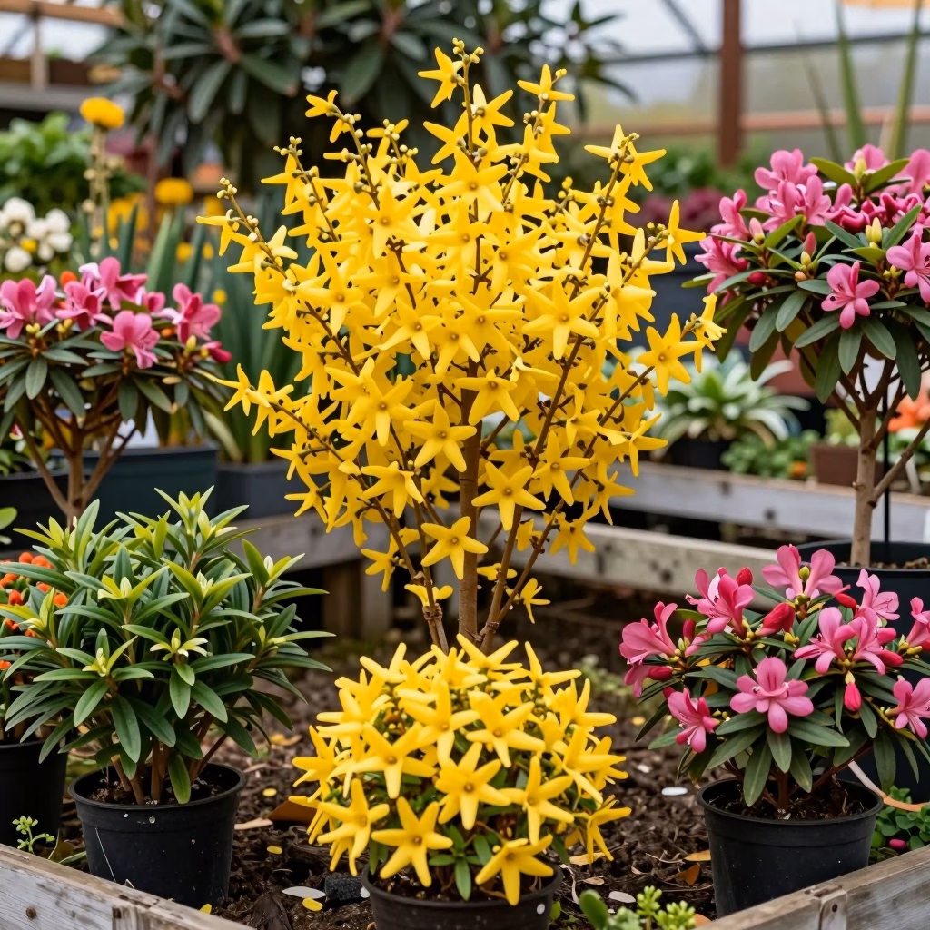 Collection d'arbustes ornementaux faciles à bouturer : forsythia, weigelia et buddleia