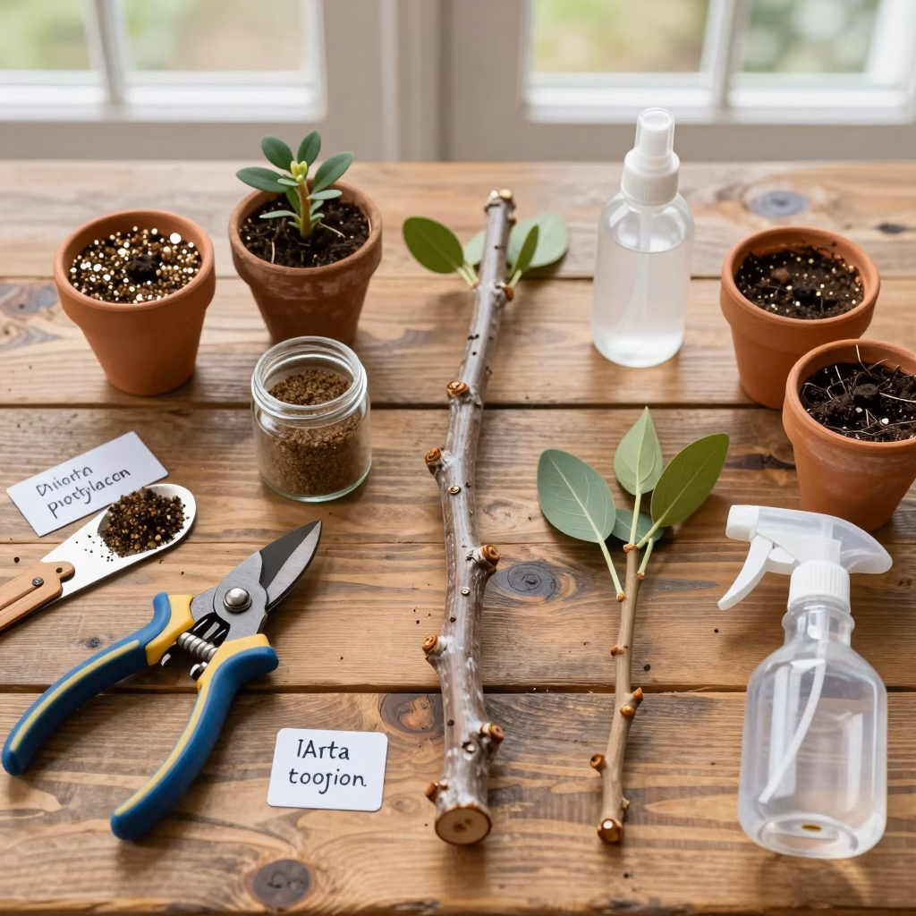 Matériel complet pour bouturer arbres et arbustes : sécateur, hormone de bouturage, pots et substrat drainant