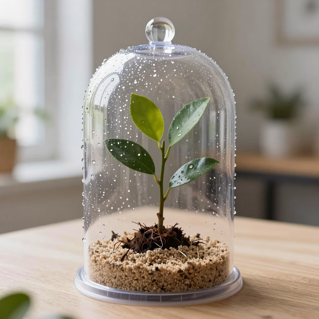 Bouture de citronnier dans une mini-serre avec condensation montrant l'hygrométrie idéale