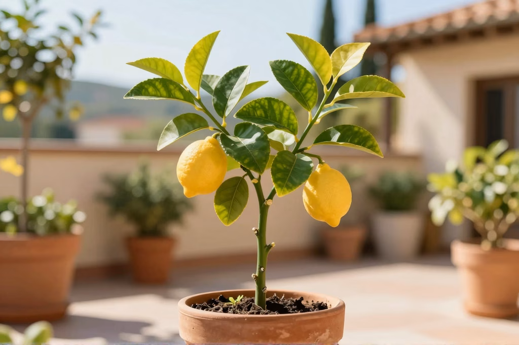 Jeune citronnier issu de bouture en pot avec ses premiers citrons jaunes sur une terrasse ensoleillee