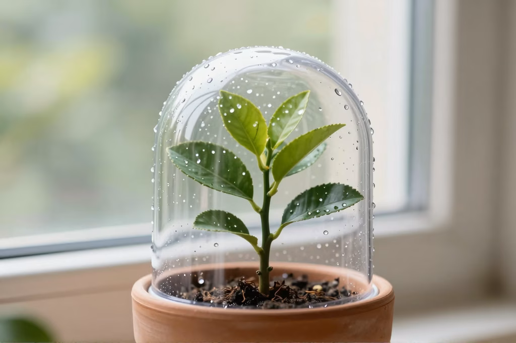Bouture de citronnier sous mini-serre transparente avec gouttelettes d'humidite pour l'enracinement