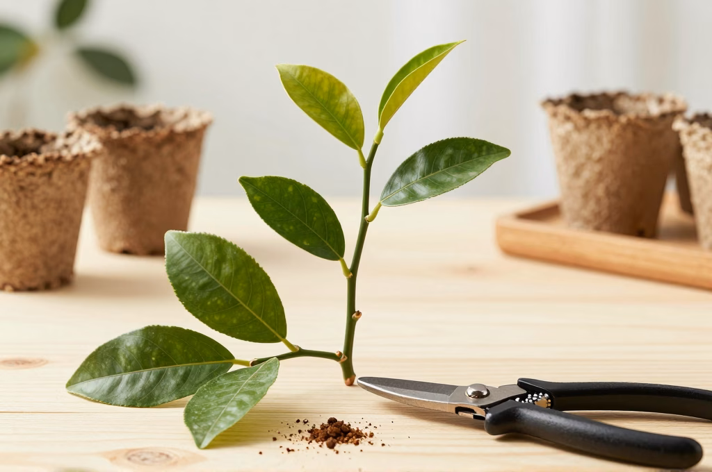 Tige semi-aoutee de citronnier preparee pour le bouturage avec secateur et hormone de bouturage