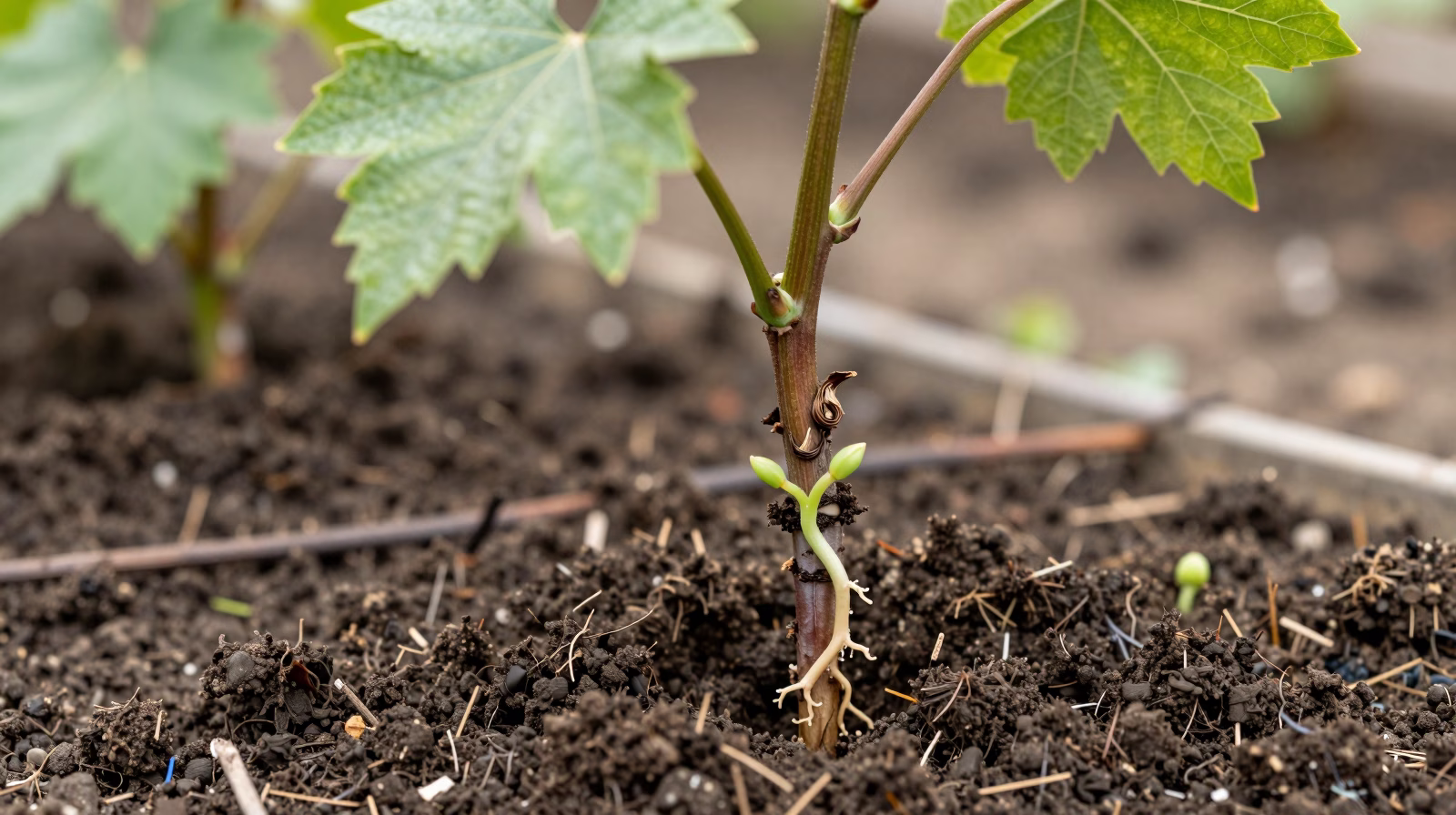 Bouture de vigne avec racines dans la terre