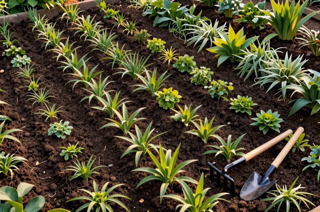 Massif de jardin avec vivaces fraichement divisees et replantees en rangs dans un sol riche