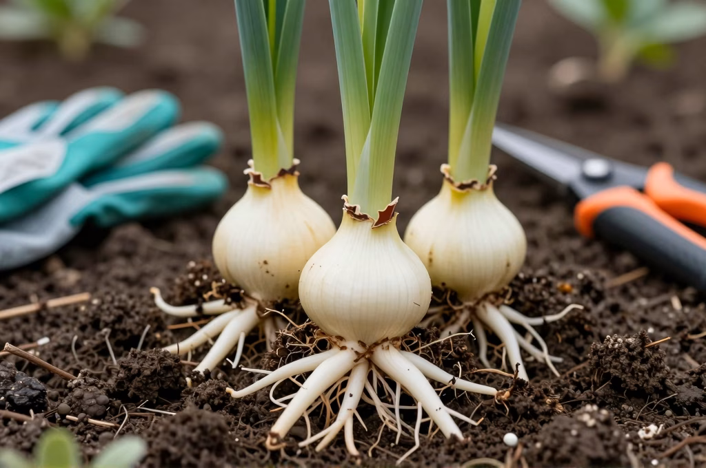 Rhizomes d'iris et bulbes avec racines saines poses sur terre de jardin avant replantation