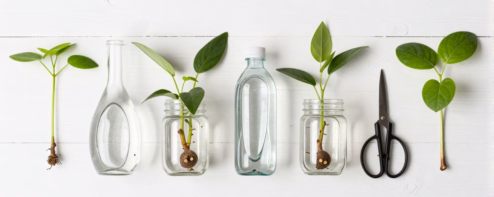 Matériel nécessaire pour bouturer dans l'eau : vase transparent, sécateur et boutures