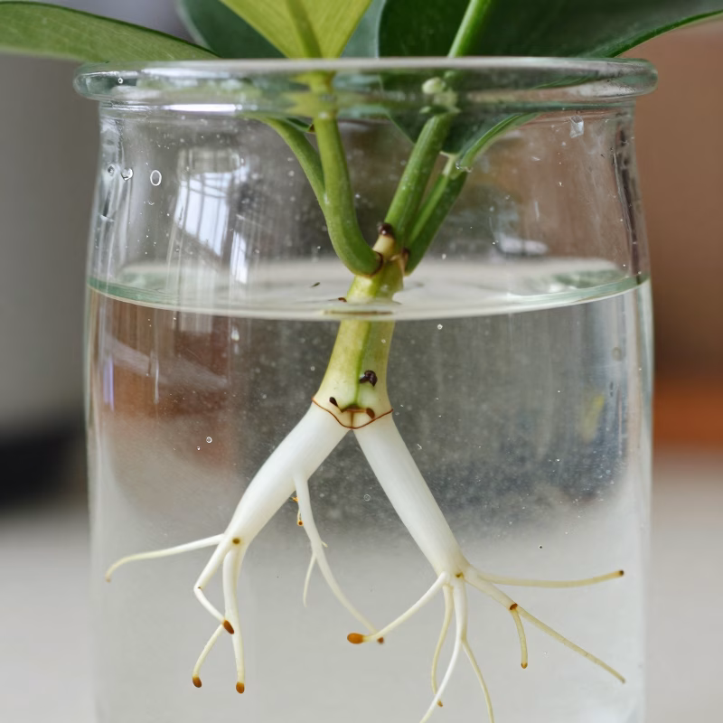 Entretien d'une bouture dans l'eau avec changement d'eau et vérification des racines