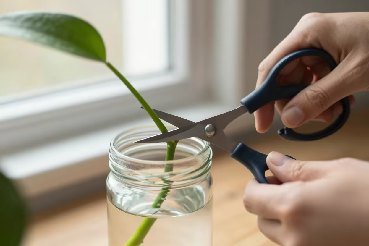Coupe en biseau d'une tige de plante au-dessus d'un bocal d'eau pour bouturage hivernal
