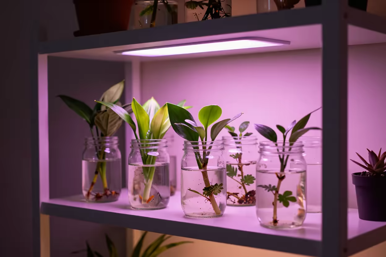 Station de bouturage dans l'eau sous lampe LED horticole en hiver