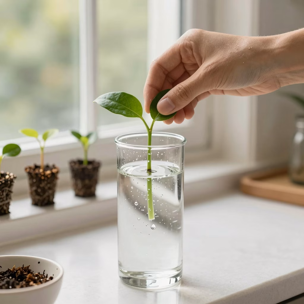 Entretien d'une bouture dans l'eau avec changement d'eau et vérification des racines