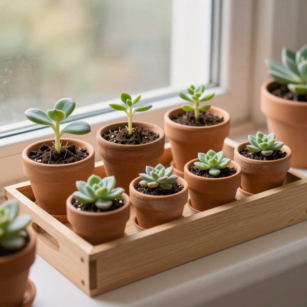 Petites plantules issues de boutures de feuilles dans des mini pots sur un rebord de fenêtre