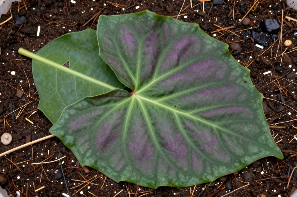 Feuille de begonia rex avec incisions sur les nervures posee sur substrat humide pour bouturage