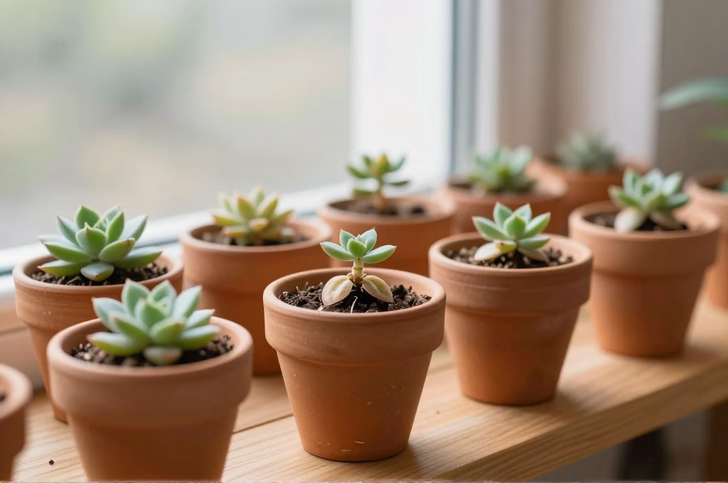Jeunes plantules de succulentes issues de boutures de feuilles dans des petits pots en terre cuite