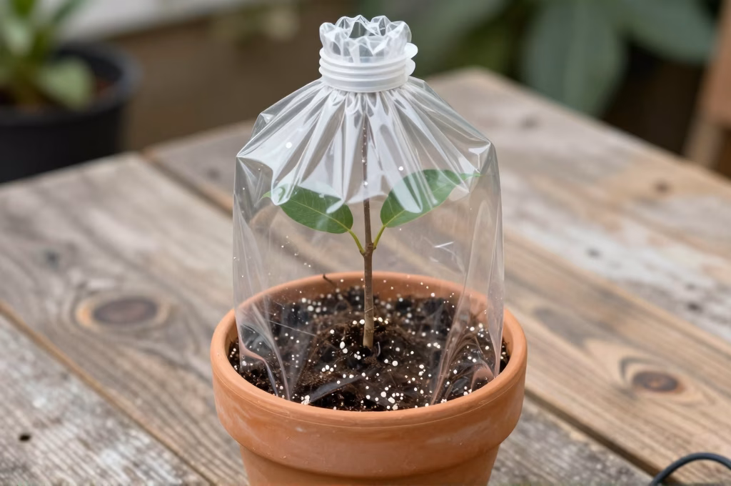 Bouture de figuier plantée en pot avec cloche en bouteille plastique