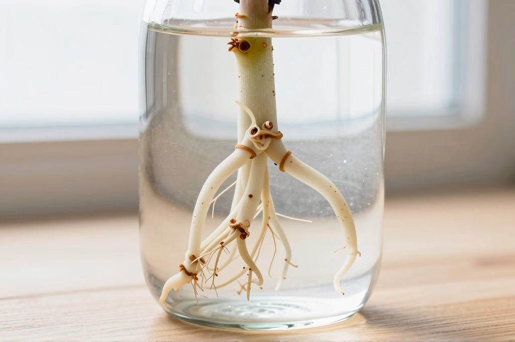 Bouture de figuier dans un verre d'eau avec racines visibles