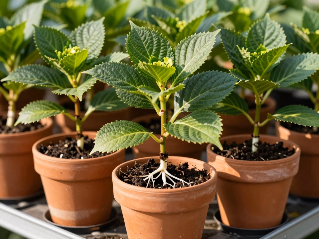 Jeunes hortensias issus de boutures avec racines développées prêts à être transplantés