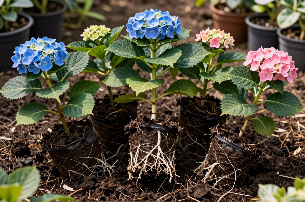 Jeunes hortensias issus de boutures avec systeme racinaire developpe prets a transplanter