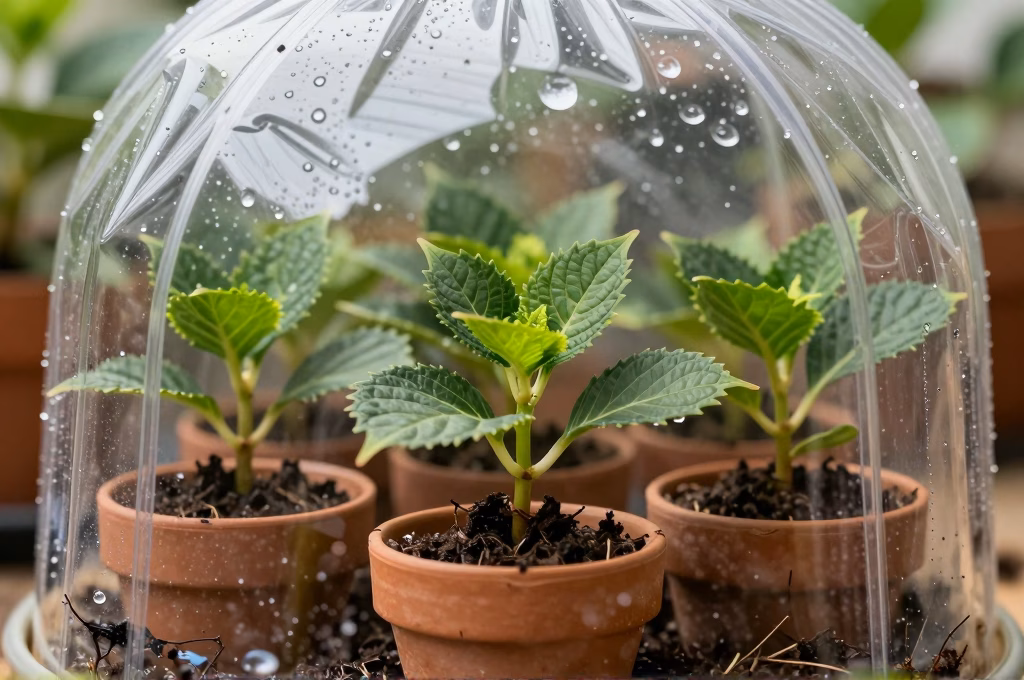 Boutures d'hortensia en cours d'enracinement sous mini-serre transparente avec condensation