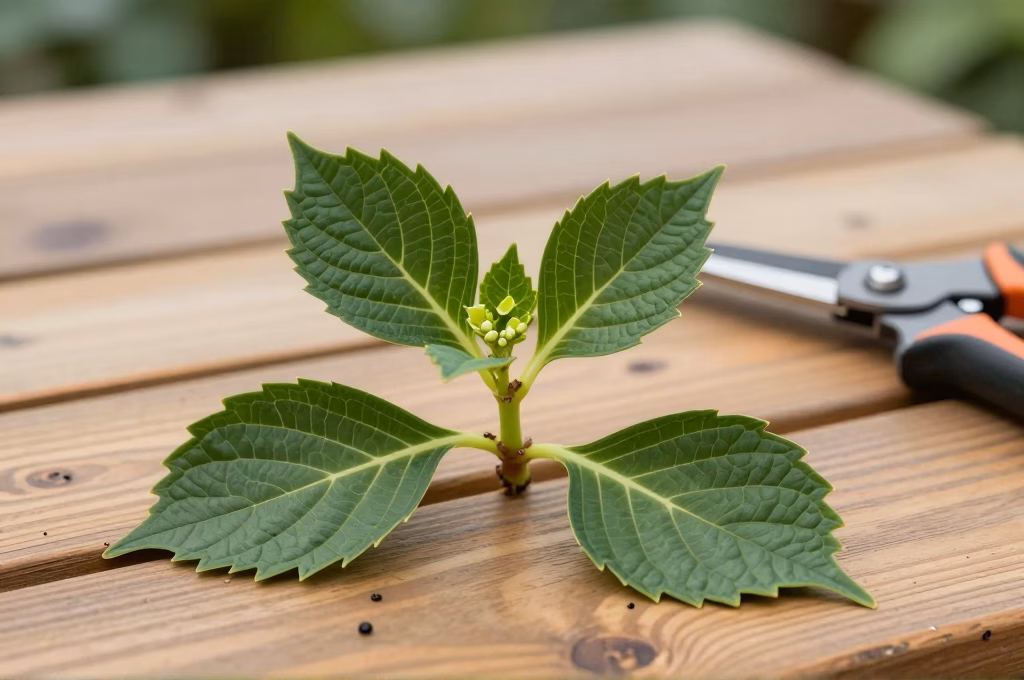 Preparation d'une bouture d'hortensia semi-aoutee avec secateur sur table de jardin