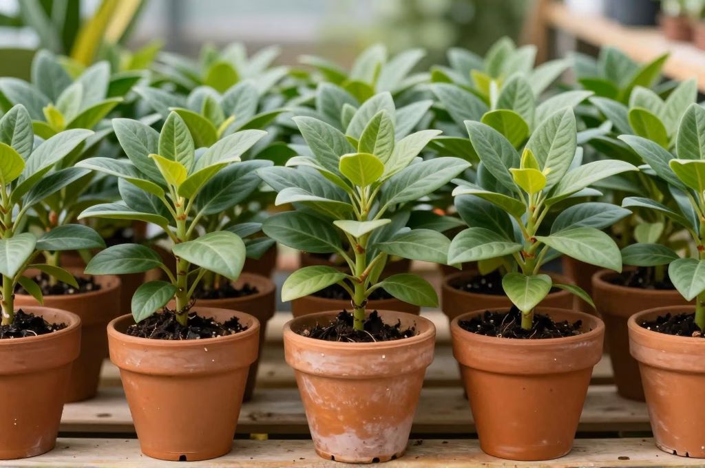 Jeunes plants de laurier rose enracinés en pots de terre cuite