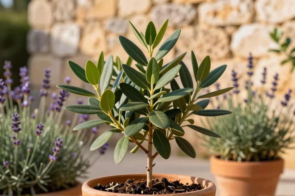 Jeune plant de laurier sauce issu de bouture dans un jardin mediterraneen ensoleille