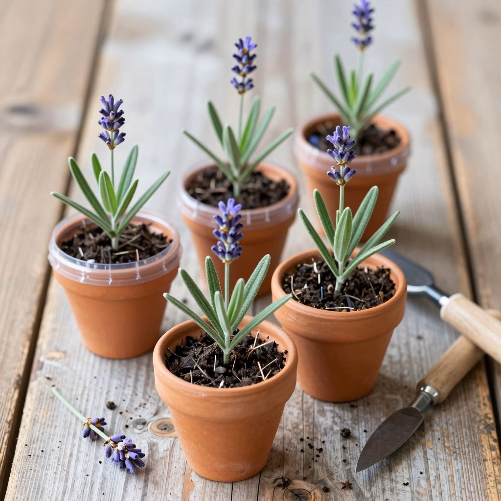 Boutures de lavande en pot avec cloche plastique pour créer un microclimat