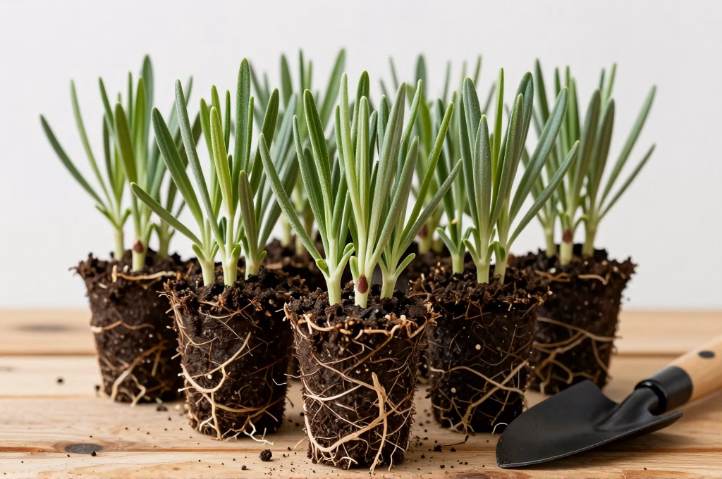Jeunes plants de lavande enracinés avec nouvelles pousses, prêts pour le repiquage en pleine terre