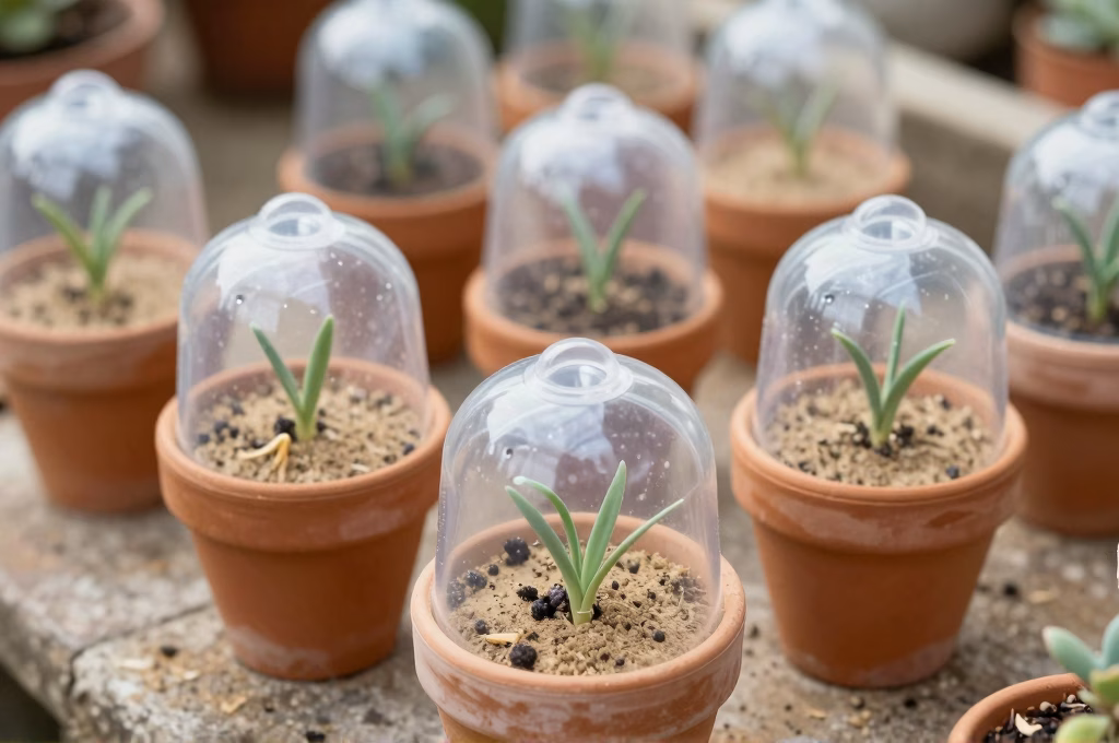 Boutures de lavande en godets sous cloche plastique transparente pour technique a l'etouffee
