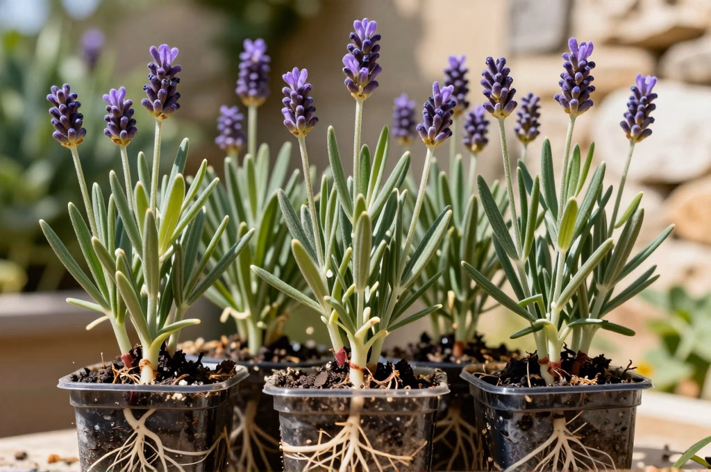 Jeunes plants de lavande enracines avec racines blanches visibles prets pour le repiquage